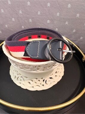Unisex Striped Canvas Belt with Round Buckle - Navy, Red,Cream. 40 in in length